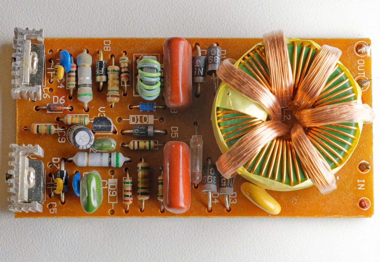 circuit, power supply, printed circuit board, close, top view, tags, electronic, components, resistors, capacitors, transistors, diodes, transformer, technology