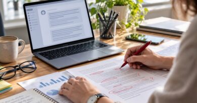 office, desk, document review, editing, laptop, paperwork, productivity, proofreading, critical thinking, technology, red pen, document, workspace, artificial intelligence, people, green plant, business environment, handwritten notes, data analysis, human oversight role
