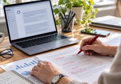 office, desk, document review, editing, laptop, paperwork, productivity, proofreading, critical thinking, technology, red pen, document, workspace, artificial intelligence, people, green plant, business environment, handwritten notes, data analysis, human oversight role