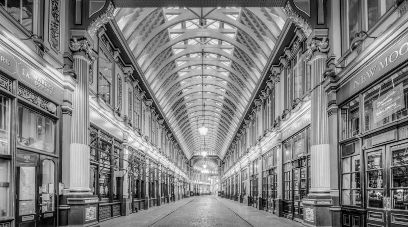 leadenhall market, historic, architecture, english, london, black and white, british, market, ceiling, interior, floor, lamp, shop, column, trading, tourist attraction, victorian, iron structure, business, covered market