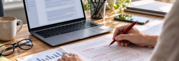 office, desk, document review, editing, laptop, paperwork, productivity, proofreading, critical thinking, technology, red pen, document, workspace, artificial intelligence, people, green plant, business environment, handwritten notes, data analysis, human oversight role