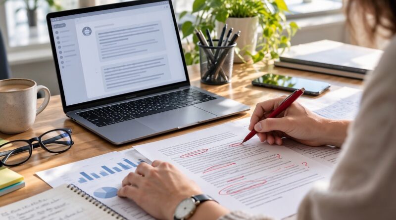 office, desk, document review, editing, laptop, paperwork, productivity, proofreading, critical thinking, technology, red pen, document, workspace, artificial intelligence, people, green plant, business environment, handwritten notes, data analysis, human oversight role