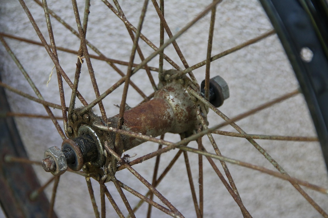 spokes, old, rusty, detail, bicycle hub, wheel hub