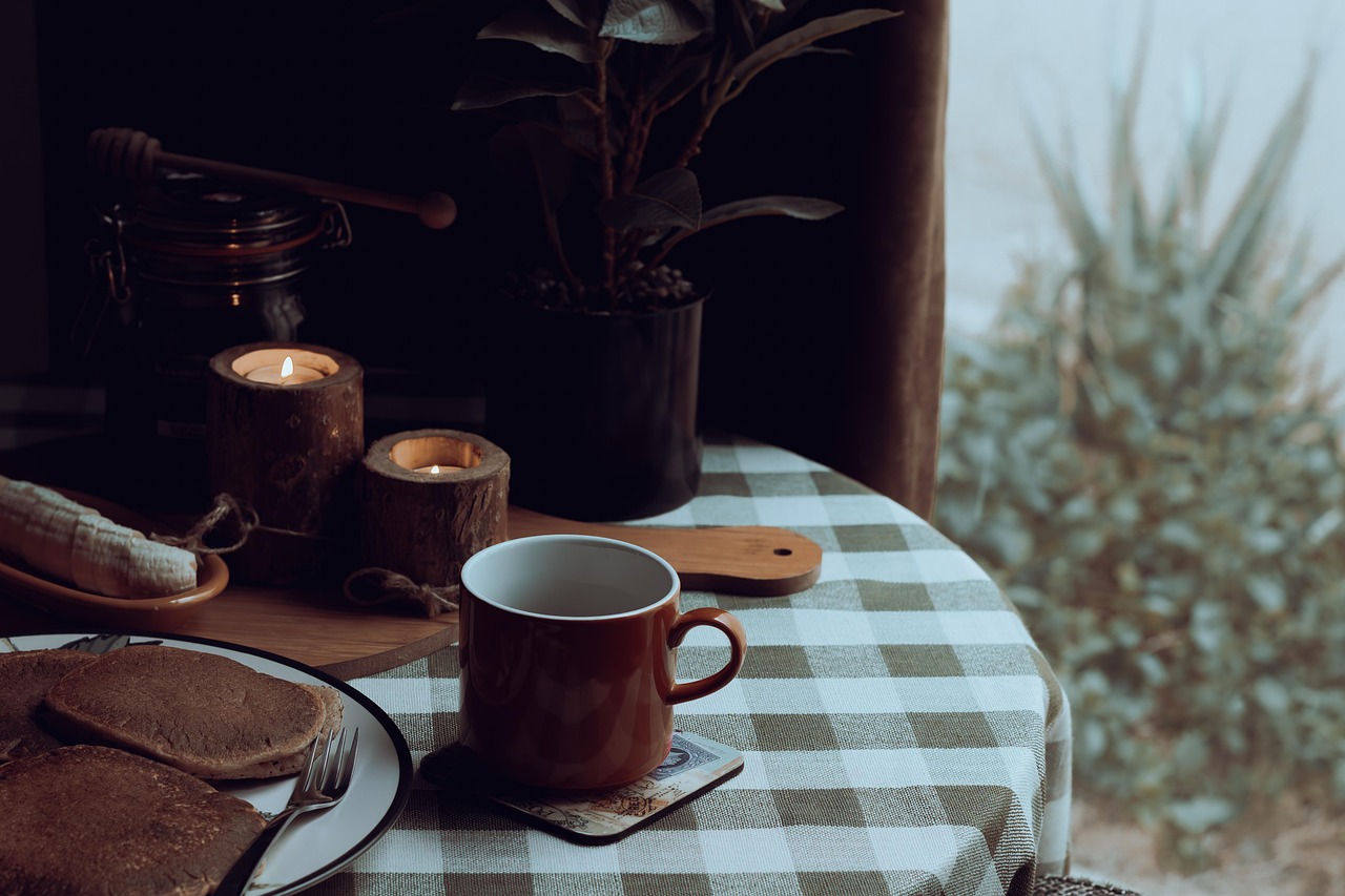 bread, coffee, breakfast, home, morning, pancakes, table, tea, flat lay
