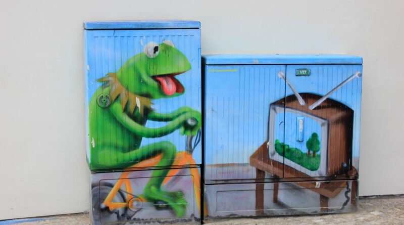 street art, kermit the frog, tv, power box, energy generation, bike tour, gym