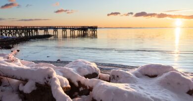 winter, nature, pier, sunrise, bay, snow, dock