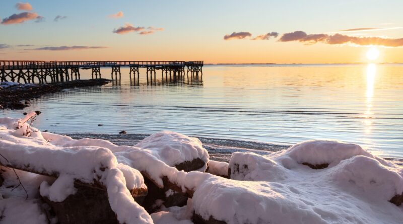 winter, nature, pier, sunrise, bay, snow, dock