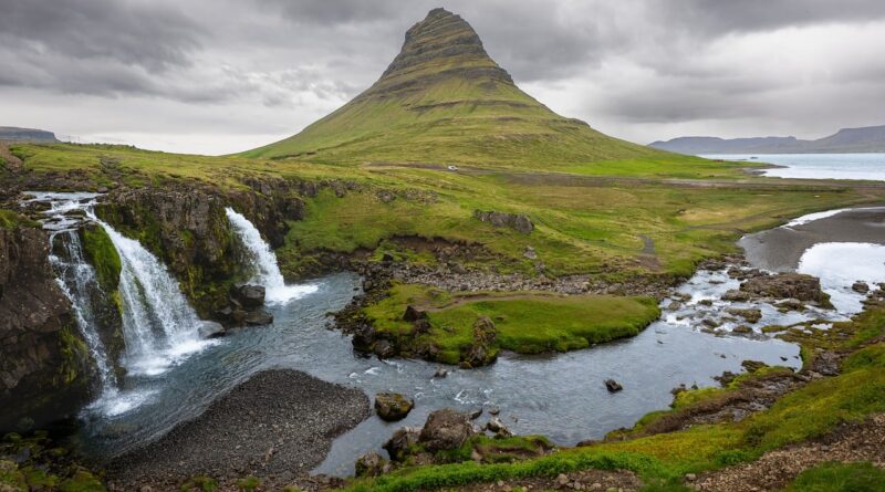 waterfall, kirkjufell, iceland, mountain, water, clouds, landscape, falls, nature, stream, river, brook