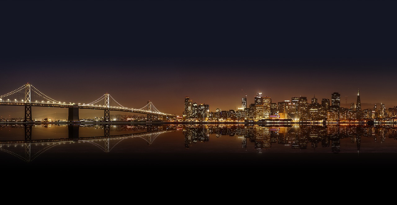 architecture, nature, bridge, buildings, city, city lights, cityscape, downtown, night, panoramic, reflection, sea, skyline, skyscrapers, suspension bridge, urban, water, usa, america, illuminated, water reflection, mirroring, mirror image