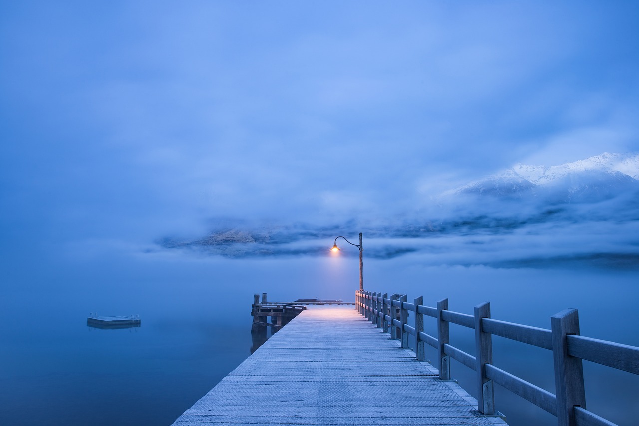 water, jetty, ocean, pier, sea, boardwalk, beach, foggy, misty, haze, outdoors, seascape, blue, gloomy, nature, new zealand, blue water, blue sea