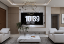 living room, modern design, interior, white couch, hanging lights, marble table, built-in tv, luxury furniture, minimalist style, decorative trees, industrial lighting, open plan, tv screen, comfortable chair, time display, contemporary art, built-in furniture, carpets, pendant light, relaxing evening