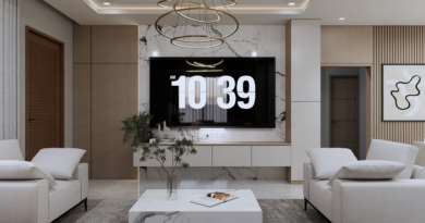 living room, modern design, interior, white couch, hanging lights, marble table, built-in tv, luxury furniture, minimalist style, decorative trees, industrial lighting, open plan, tv screen, comfortable chair, time display, contemporary art, built-in furniture, carpets, pendant light, relaxing evening