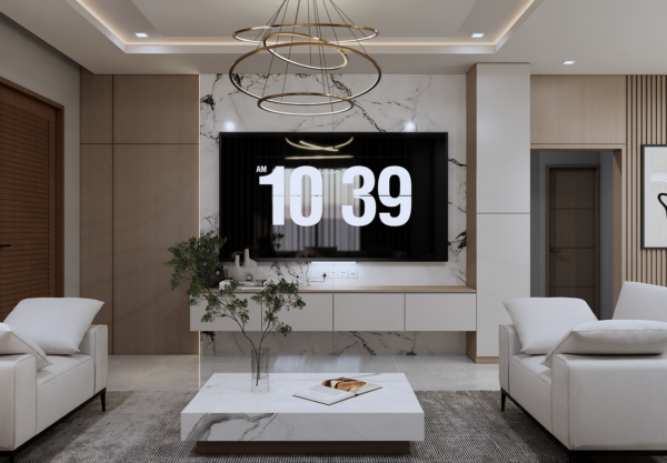 living room, modern design, interior, white couch, hanging lights, marble table, built-in tv, luxury furniture, minimalist style, decorative trees, industrial lighting, open plan, tv screen, comfortable chair, time display, contemporary art, built-in furniture, carpets, pendant light, relaxing evening