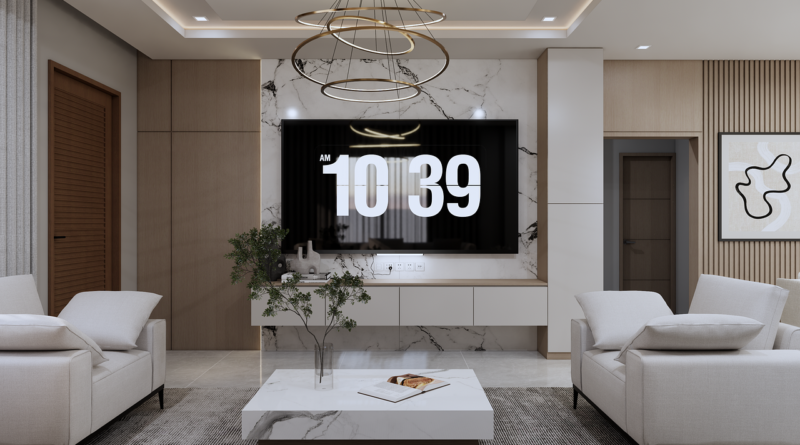 living room, modern design, interior, white couch, hanging lights, marble table, built-in tv, luxury furniture, minimalist style, decorative trees, industrial lighting, open plan, tv screen, comfortable chair, time display, contemporary art, built-in furniture, carpets, pendant light, relaxing evening